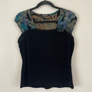 Dark Romance" Tropical Yoke Top | Vintage 90s / Y2K Black Velvet Feel Cap Sleeve